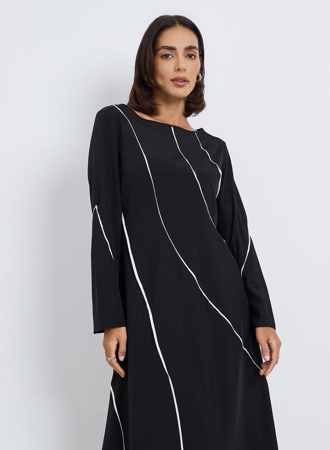 Styli Women Black Contrast Piping A-Line Midi Dress - Image 2